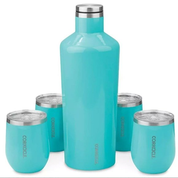Uline Branded - Corkcicle 60 oz Canteen w/ 4 Stemless Wine Glass Set - Turquoise - Picture 2 of 12